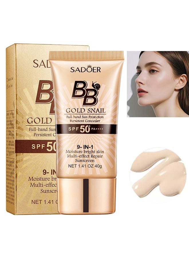 SADOER BB Gold Snail Cream with SPF 50, 9 in 1 BB Cream Sunscreen SPF 50 Waterproof Sweatproof, Foundation Full Coverage Tinted Moisturizer, Facial Concealer for Oily Skin, Dry Skin （Ivory  40g） - Image 1