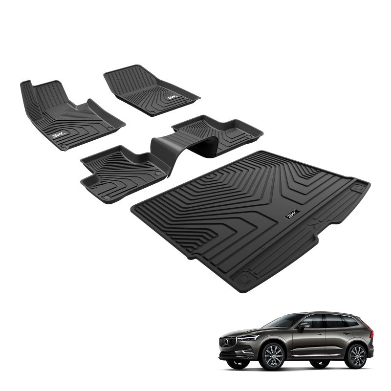 حصائر أرضية 3W لسيارة فولفو XC60 2018-2026 غير مخصصة للهجين أو PHEV مصنوعة من TPE لجميع الأحوال الجوية مجموعة كاملة من حصائر الأرضية وصندوق السيارة الثقيلة غير الضارة