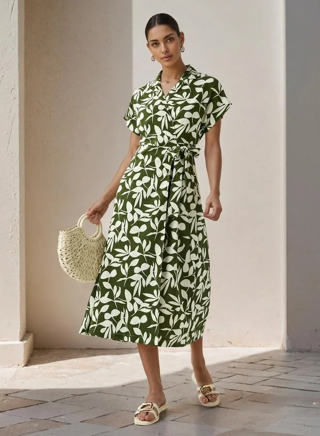 Splash FAV Leaf Print Wrap Style Women Dress with Tie-Up Detail