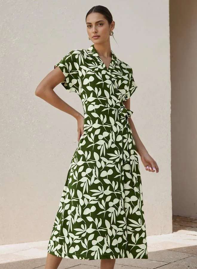 Splash FAV Leaf Print Wrap Style Women Dress with Tie-Up Detail