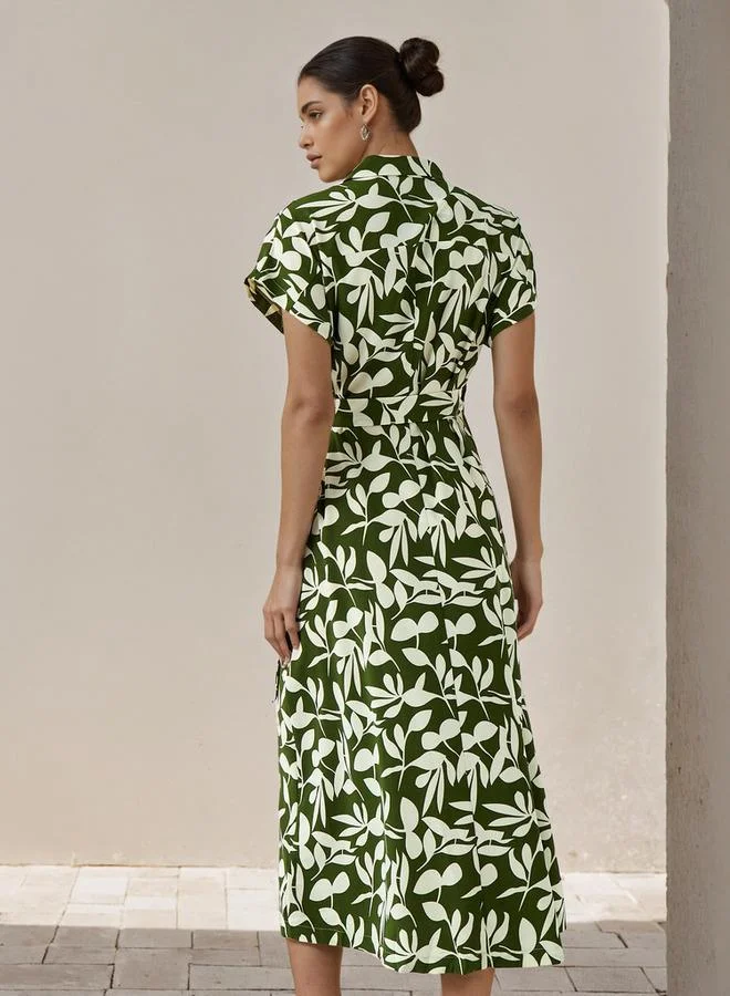 Splash FAV  Leaf Print Wrap Style Women Dress with Tie-Up Detail for Women | Best Price UAE