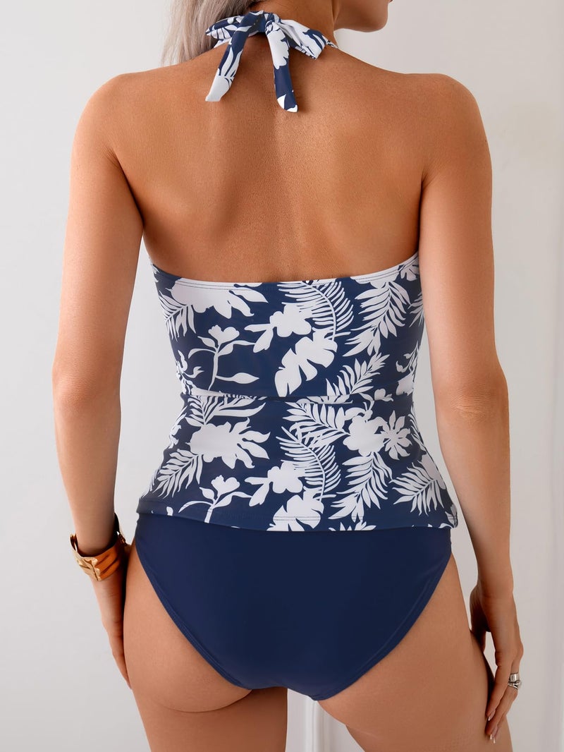 Eomenie Womens Halter Tankini Bathing Suit Ruched Tummy Control Two Piece Swimsuit with Bottom - Image 4