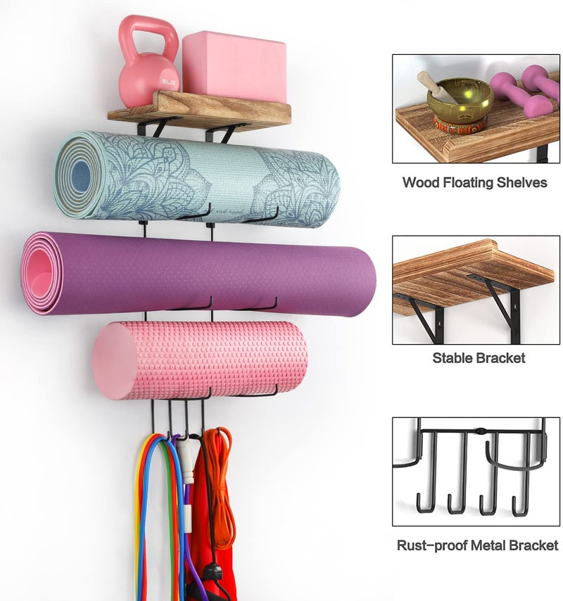 VINAEMO Yoga Mat Holder Accessories Wall Mount Organizer Storage Decor Foam Roller and Towel Storage Rack with 4 Hooks and Wooden Shelves Yoga Mats Rack Resistance Bands for Home Gym School Office - Image 3