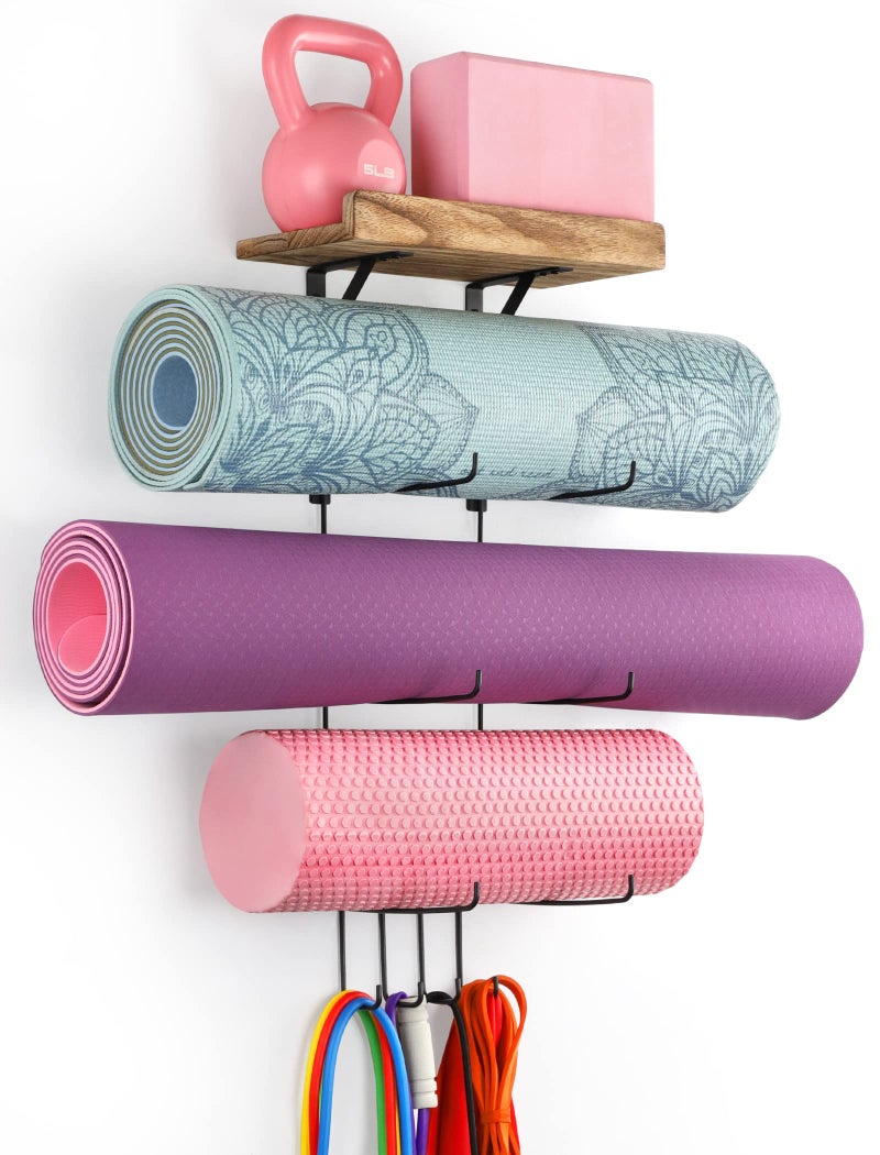 VINAEMO Yoga Mat Holder Accessories Wall Mount Organizer Storage Decor Foam Roller and Towel Storage Rack with 4 Hooks and Wooden Shelves Yoga Mats Rack Resistance Bands for Home Gym School Office - Image 1