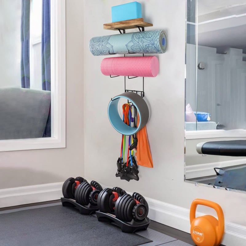 VINAEMO Yoga Mat Holder Accessories Wall Mount Organizer Storage Decor Foam Roller and Towel Storage Rack with 4 Hooks and Wooden Shelves Yoga Mats Rack Resistance Bands for Home Gym School Office - Image 4