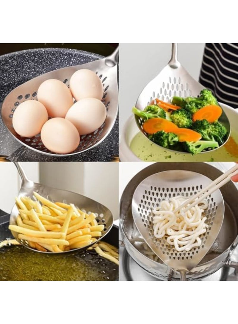 SYOSI مصفاة ملعقة مشبكة، عبوة 2 من ملعقة القلي المصنوعة من الفولاذ المقاوم للصدأ مع مقبض طويل، مثالية للمعكرونة، القلي، والطهي، مصفاة عنكبوت متينة للاستخدام في المطبخ والمقلاة (15 بوصة) - Image 2