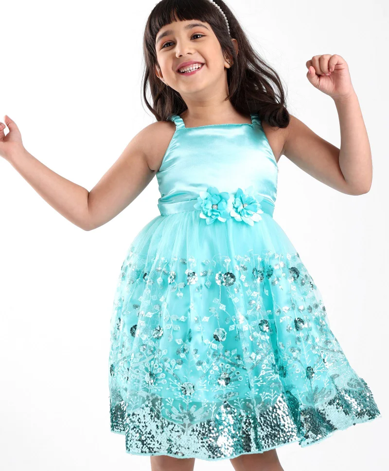 babyhug Babyhug Sleeveless Party Frock With Floral Applique & Sequine Detailing - Light Blue