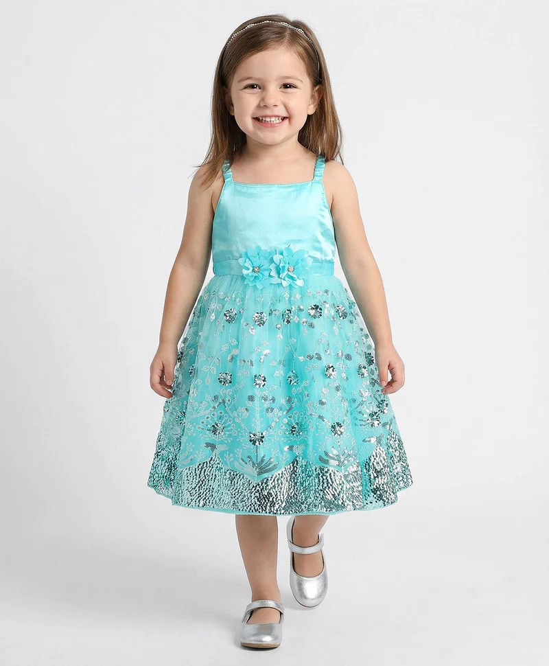 babyhug Babyhug Sleeveless Party Frock With Floral Applique & Sequine Detailing - Light Blue