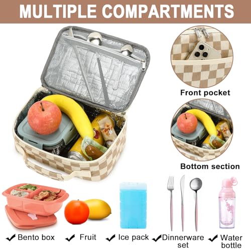 BLUBOON Kids Girls Lunch Bag Insulated Lunch Box for school Corduroy Lunch Cooler Organizer School Kids Lunch Tote (Corduroy checkered brown) - Image 3