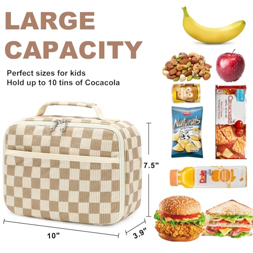 BLUBOON Kids Girls Lunch Bag Insulated Lunch Box for school Corduroy Lunch Cooler Organizer School Kids Lunch Tote (Corduroy checkered brown) - Image 2