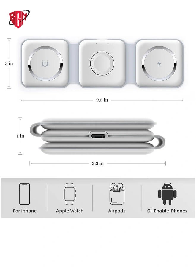 NEW 3-in-1 Foldable Magnetic Wireless Charger 15W Mag-Safe Charging Station for iPhone, Apple Watch, and AirPods (White)
