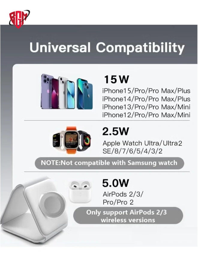 NEW 3-in-1 Foldable Magnetic Wireless Charger 15W Mag-Safe Charging Station for iPhone, Apple Watch, and AirPods (White)