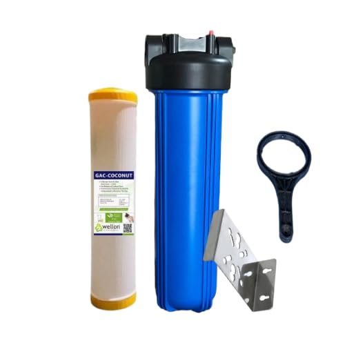 WELLON نظام ترشيح المياه Wellon ChlorineShield مع خزان كربون وفلتر كربون عملاق يزيل رائحة الكلور والطعم السيئ من مياه الخزان مفتاح ربط 15 مدخل/مخرج أزرق - Image 1