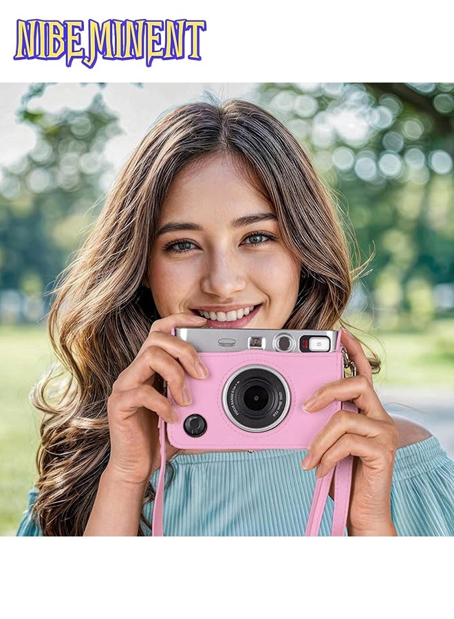 Case for Fuji Mini EVO ,Camera Compatible Camera with Adjustable Shoulder Strap in Pink Lychee Texture Horizontal Style - Image 3
