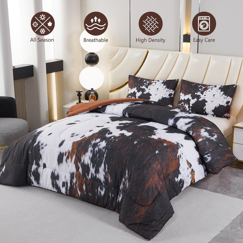 PERFEMET Queen Comforter Set 3 Pieces Cow Print Bedding Set Western Farmhouse Rustic Bed Comforter Set Black White Brown Cowhide Quilt Set - Image 3