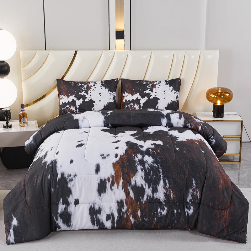 PERFEMET Queen Comforter Set 3 Pieces Cow Print Bedding Set Western Farmhouse Rustic Bed Comforter Set Black White Brown Cowhide Quilt Set - Image 1