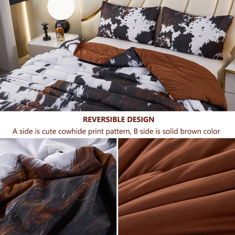 PERFEMET Queen Comforter Set 3 Pieces Cow Print Bedding Set Western Farmhouse Rustic Bed Comforter Set Black White Brown Cowhide Quilt Set - Image 4