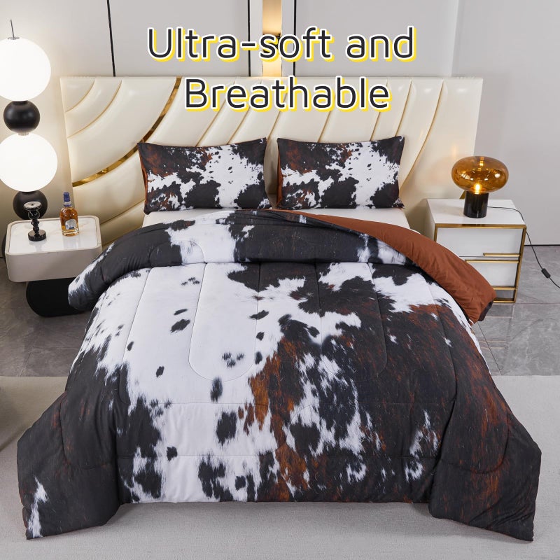 PERFEMET Queen Comforter Set 3 Pieces Cow Print Bedding Set Western Farmhouse Rustic Bed Comforter Set Black White Brown Cowhide Quilt Set - Image 2