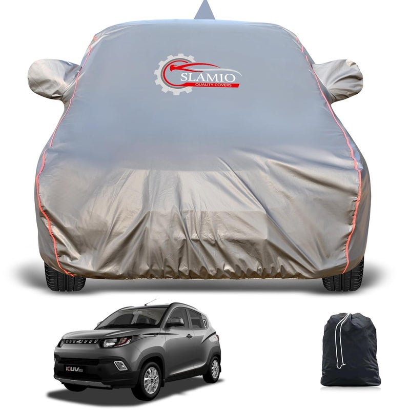 Slamio Heavy-Duty Car Body Cover for Mahindra KUV100 | Waterproof, Dustproof, UV Protection, Custom Fit, Heavy Belt & Buckle with Mirror & Antenna Pocket | Dark Grey - Image 1