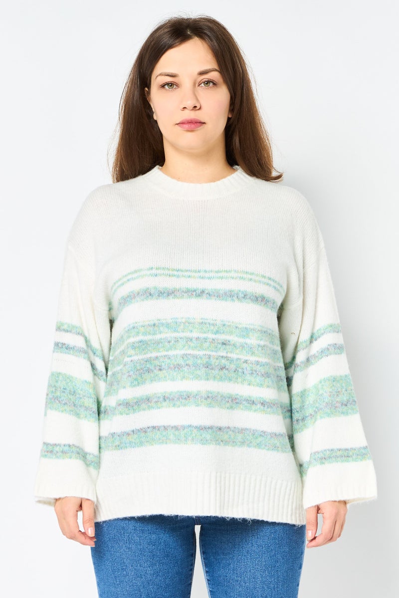 DOROTHY PERKINS Women Crew Neck Striped Sweater, Off White - Image 1