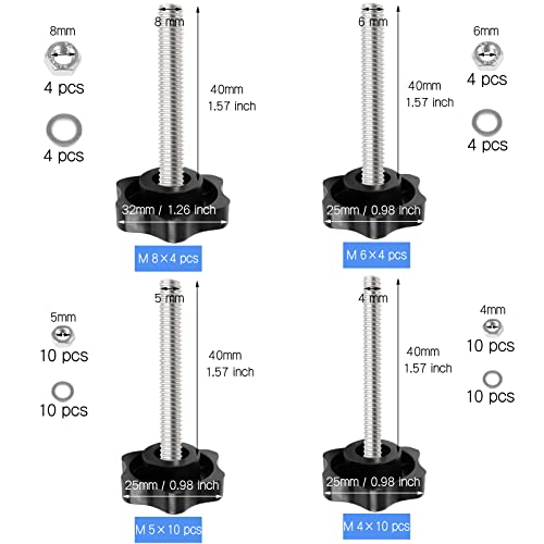 Openfly 28 Sets M4 M5 M6 M8 Star Hand Knob Tightening Screw, Thread Clamping Knob Quick Removal Replacement Parts with Nuts and Washers Stainless Steel Hex Nuts Star Knobs Assortment Kit - Image 2