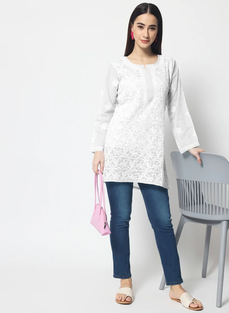 Alaya Hand Embroidered Chikankari Cotton Straight Tunic-AL3591