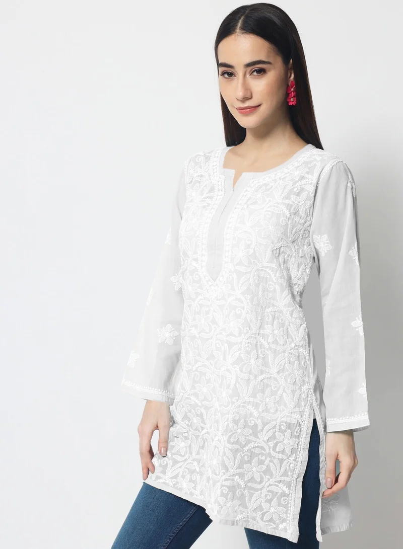 Alaya Hand Embroidered Chikankari Cotton Straight Tunic-AL3591