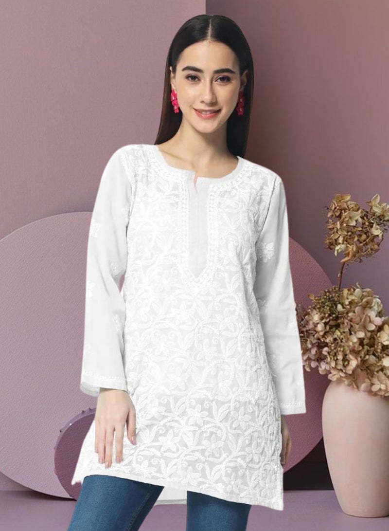 Alaya Hand Embroidered Chikankari Cotton Straight Tunic-AL3591 - Image 1