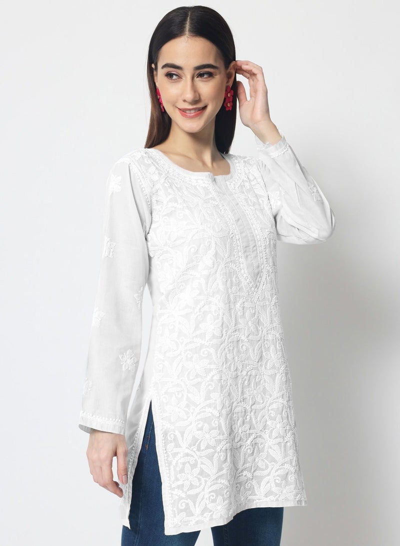 Alaya Hand Embroidered Chikankari Cotton Straight Tunic-AL3591 - Image 3