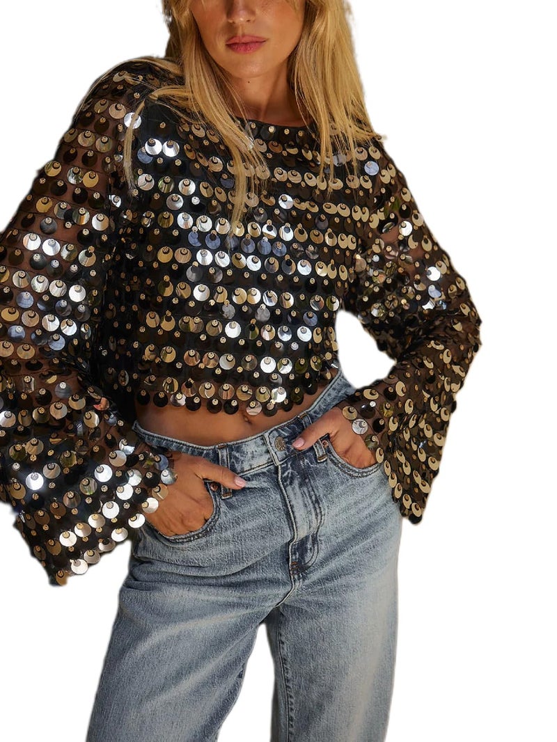 SOOKABEILA Women Y2K Sequin Long Sleeve Tops Crew Neck Irregular Hem Blouse Vintage Floral Rhinestone Shirt Clubwear (Black,L) - Image 1