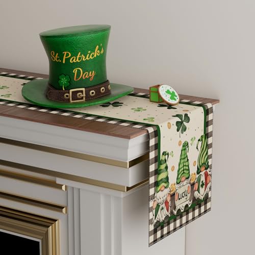 XCHI Plaid Gnomes Shamrocks Clovers Golds St. Patrick's Day Table Runner Table Decoration for Party Home Kitchen Dining Holiday Decor 13x72 Inch - Image 3