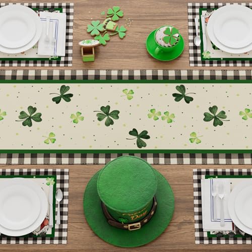 XCHI Plaid Gnomes Shamrocks Clovers Golds St. Patrick's Day Table Runner Table Decoration for Party Home Kitchen Dining Holiday Decor 13x72 Inch - Image 4