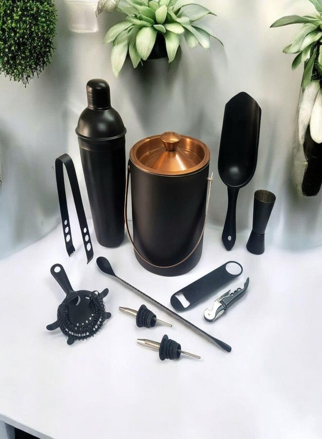 Proniks 11-Piece Cocktail Barware Set with Ice Bucket, Shaker, Bar Tools, Black and Copper - Image 1