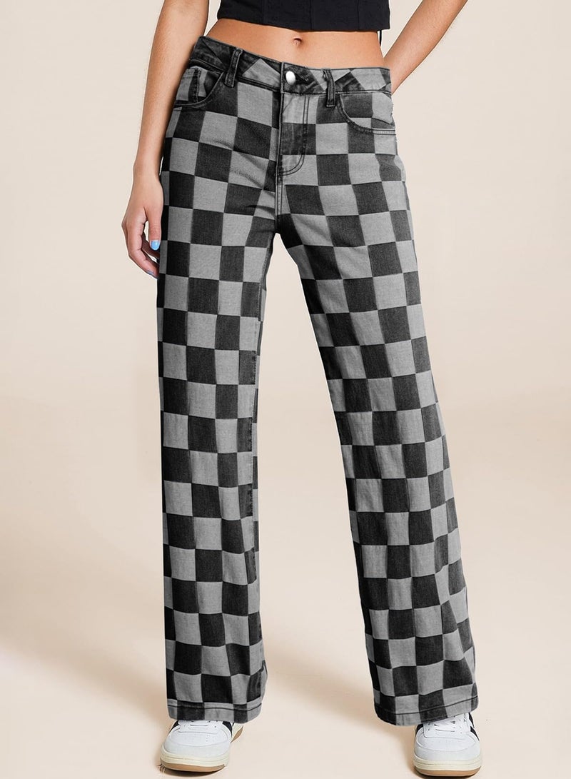 Sidefeel Jeans for Women Trendy High Waisted Wide Leg Stretchy Checkered Straight Leg Loose Denim Pants Black Size 14 - Image 2