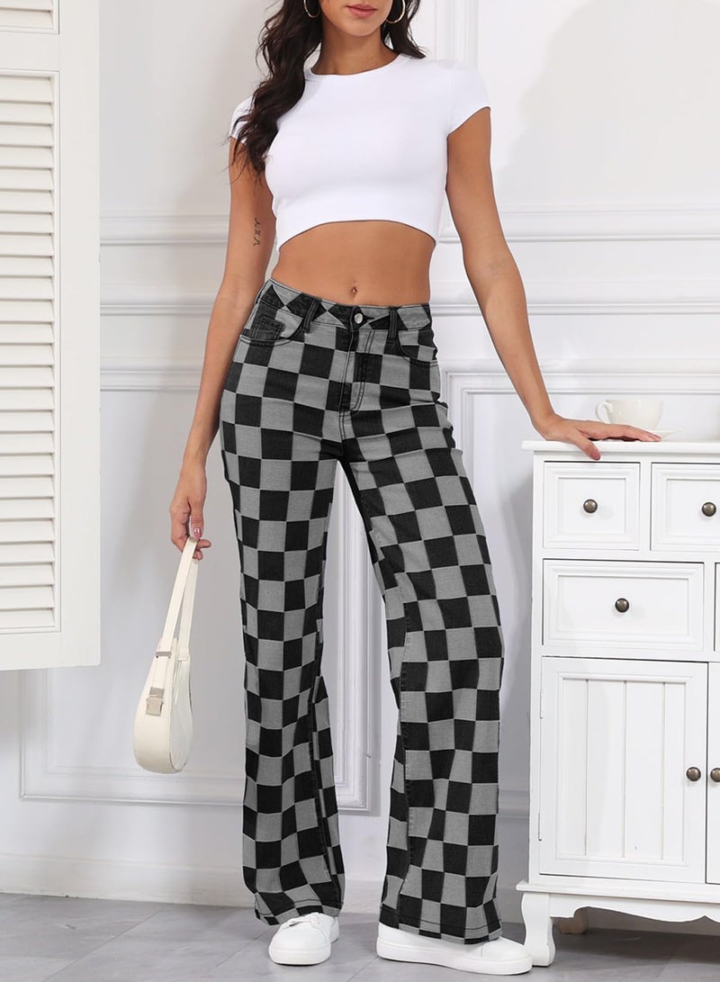 Sidefeel Jeans for Women Trendy High Waisted Wide Leg Stretchy Checkered Straight Leg Loose Denim Pants Black Size 14 - Image 4