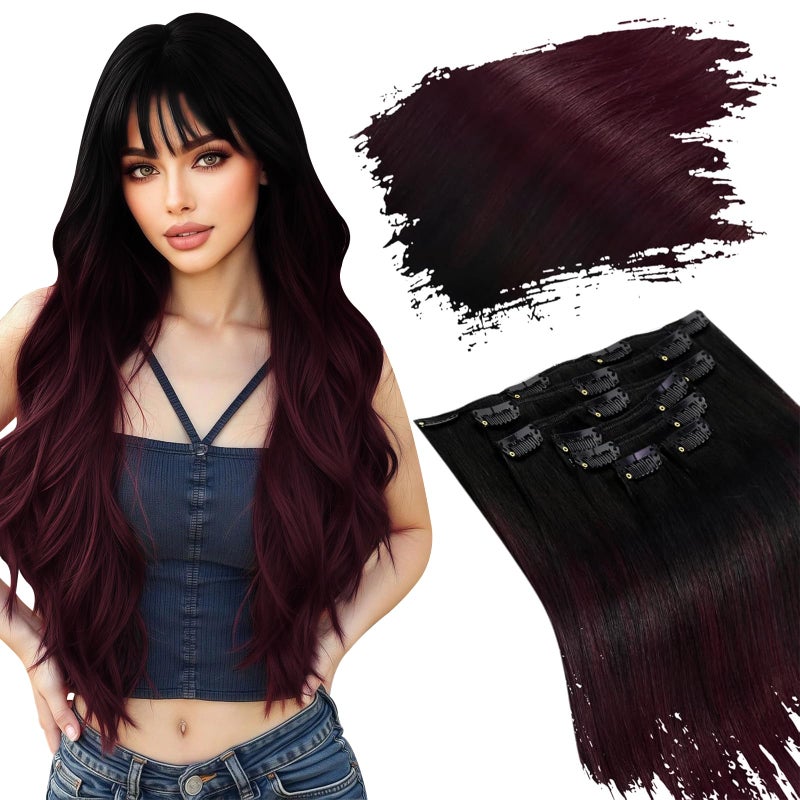 Ugeat Human Hair Clip in Extensions 24 Inch Burgundy Red Clip in Hair Extensions Ombre Black to Burgundy Hair Extensions Clip ins Balayage Wine Red Soft Straight Double Weft 120g 7pcs