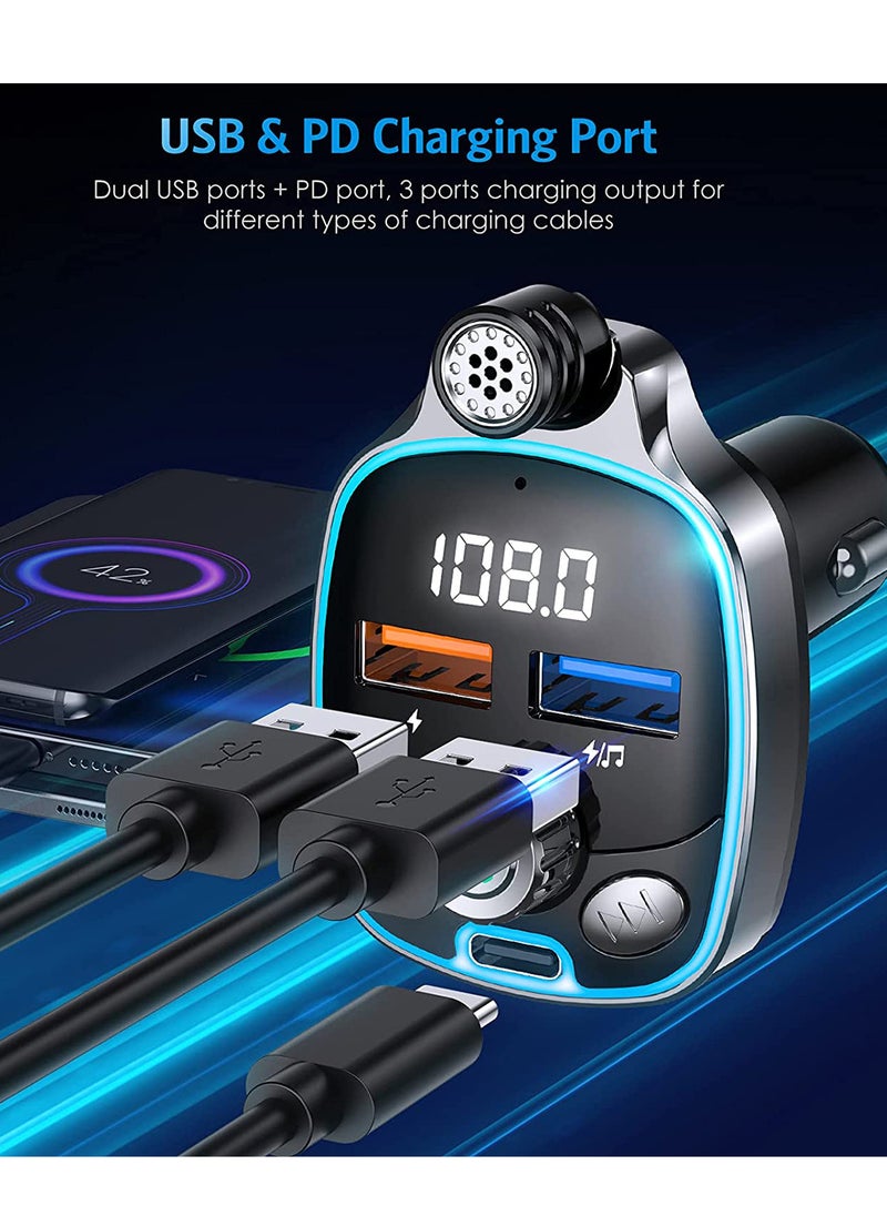 Bluetooth 5.0 FM Transmitter for Car, 7 Colors LED Backlit Car Radio Bluetooth Adapter,Type-C PD 18W & Dual-Port QC3.0 Fast USB Charger,Supports USB Flash Drive, TF Card