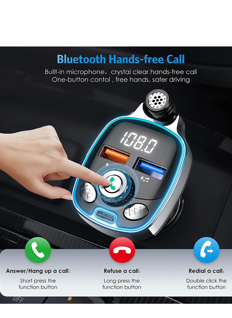 Bluetooth 5.0 FM Transmitter for Car, 7 Colors LED Backlit Car Radio Bluetooth Adapter,Type-C PD 18W & Dual-Port QC3.0 Fast USB Charger,Supports USB Flash Drive, TF Card