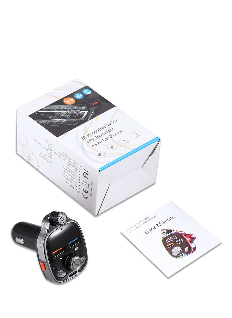 Bluetooth 5.0 FM Transmitter for Car, 7 Colors LED Backlit Car Radio Bluetooth Adapter,Type-C PD 18W & Dual-Port QC3.0 Fast USB Charger,Supports USB Flash Drive, TF Card