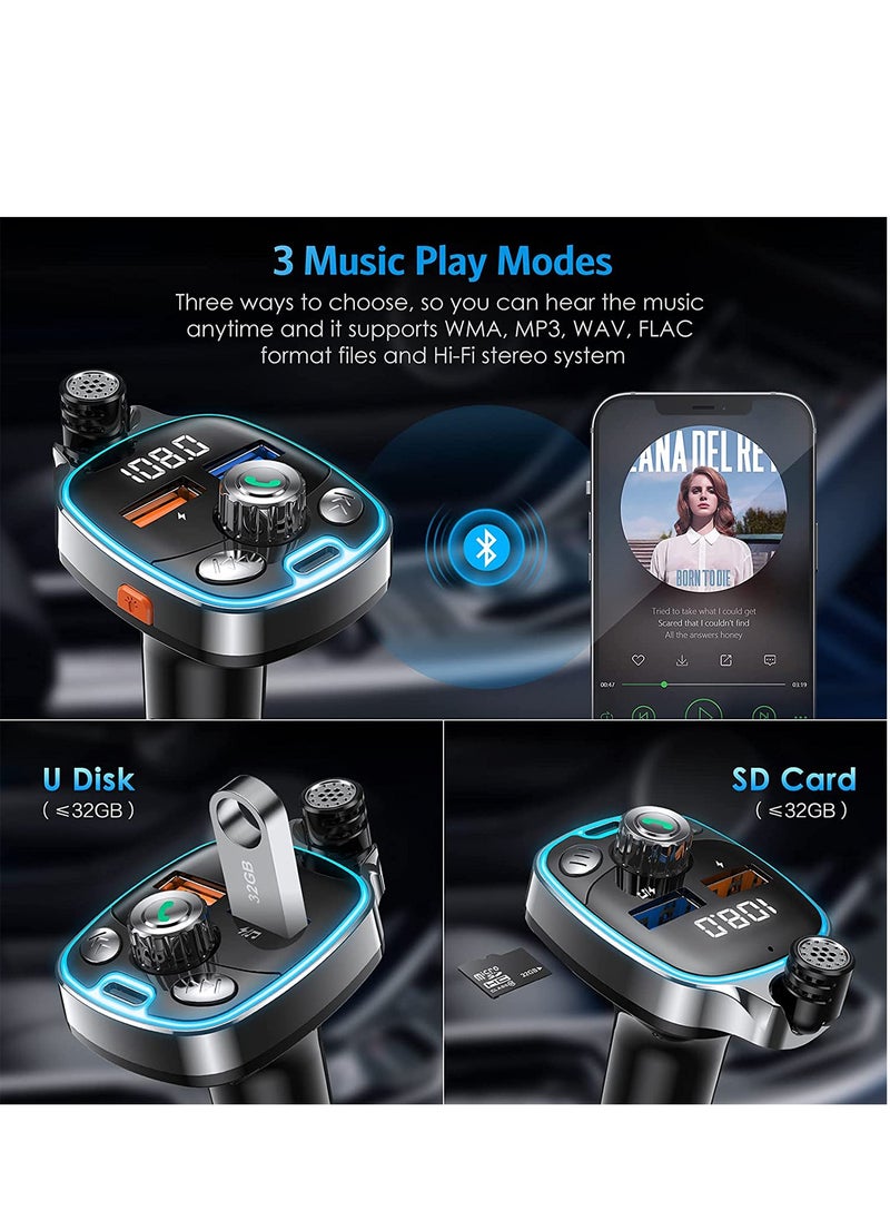Bluetooth 5.0 FM Transmitter for Car, 7 Colors LED Backlit Car Radio Bluetooth Adapter,Type-C PD 18W & Dual-Port QC3.0 Fast USB Charger,Supports USB Flash Drive, TF Card