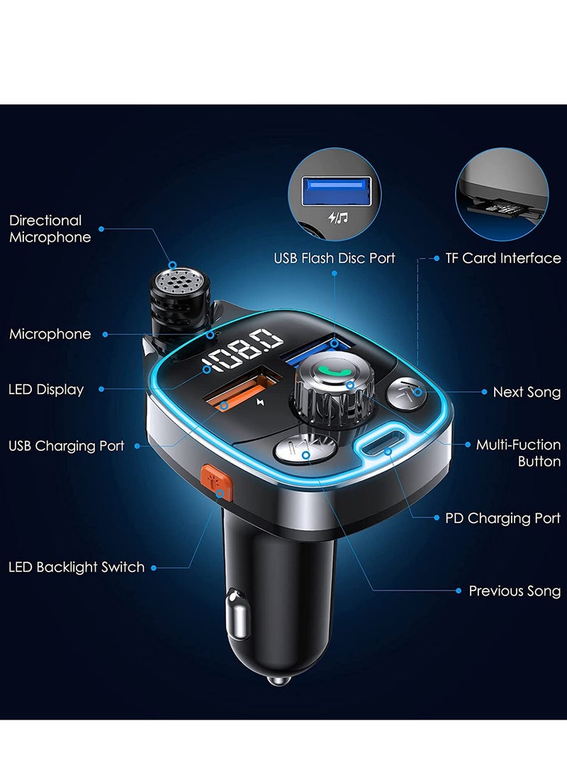 Bluetooth 5.0 FM Transmitter for Car, 7 Colors LED Backlit Car Radio Bluetooth Adapter,Type-C PD 18W & Dual-Port QC3.0 Fast USB Charger,Supports USB Flash Drive, TF Card