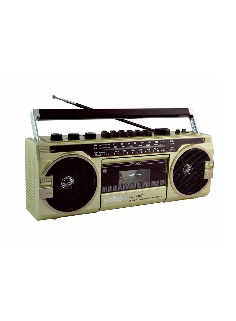 Echo Audio Retro Blast Bluetooth Boombox مشغل كاسيت محمول ومسجل شرائط AM/FM/SW 3 راديو باند اثنان 8 وات X-Bass مكبرات صوت تسجيل صوتي مقبس سماعة الرأس يدعم بطاقات USB وSD - Image 1