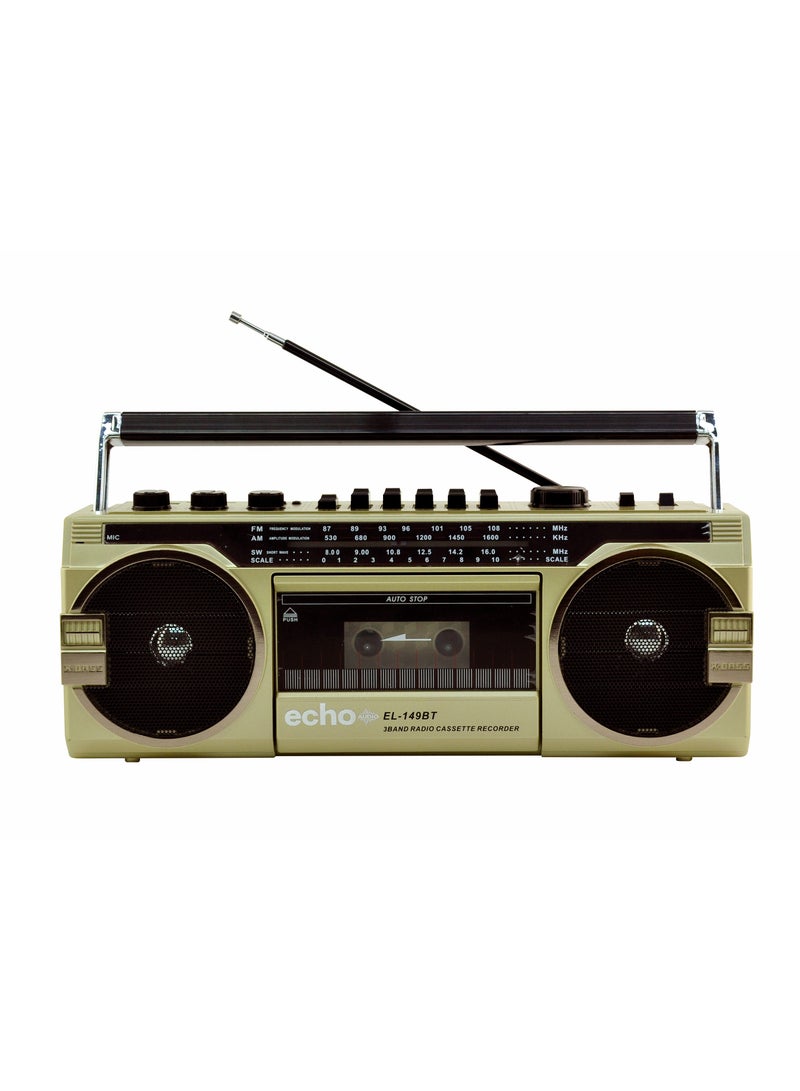 Echo Audio Retro Blast Bluetooth Boombox مشغل كاسيت محمول ومسجل شرائط AM/FM/SW 3 راديو باند اثنان 8 وات X-Bass مكبرات صوت تسجيل صوتي مقبس سماعة الرأس يدعم بطاقات USB وSD - Image 2