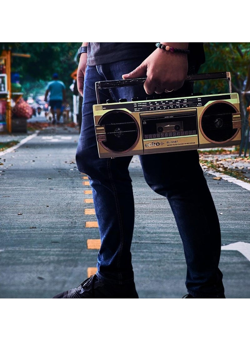 Echo Audio Retro Blast Bluetooth Boombox مشغل كاسيت محمول ومسجل شرائط AM/FM/SW 3 راديو باند اثنان 8 وات X-Bass مكبرات صوت تسجيل صوتي مقبس سماعة الرأس يدعم بطاقات USB وSD - Image 3