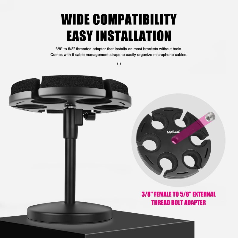 Micfuns Multi Microphone Holder, Wired and Wireless Mic Holder for Stand, Hold Up to 6 Microphones, Aluminum, Black with stand (Desk) - Image 4