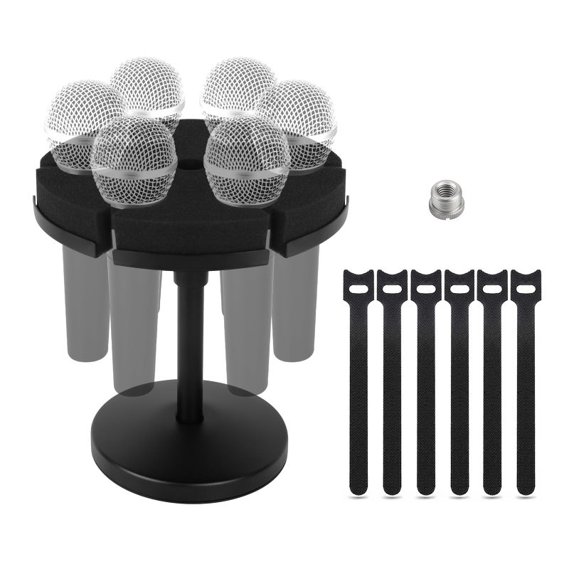 Micfuns Multi Microphone Holder, Wired and Wireless Mic Holder for Stand, Hold Up to 6 Microphones, Aluminum, Black with stand (Desk) - Image 1