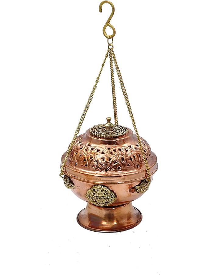 erorex Copper Hanging Bakhoor Burner With Free Magic Coal Mabkhara Hanging Incense Burner Home Fragrance Home Decor Incense Holder Lobandaan Bhakhoor Burner 17 X 17 Cm - Image 1
