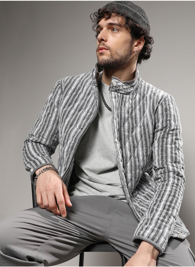 Campus Sutra - Men's Moon Grey Halo Striped Quilted Jacket - Image 1