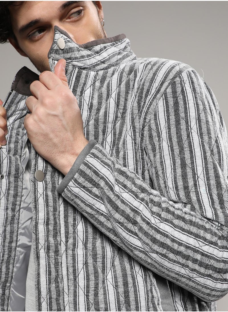 Campus Sutra - Men's Moon Grey Halo Striped Quilted Jacket - Image 1