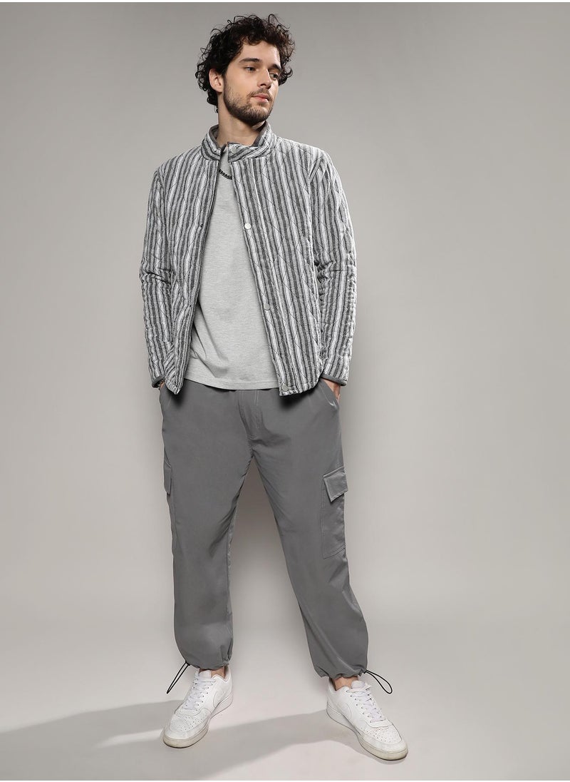 Campus Sutra - Men's Moon Grey Halo Striped Quilted Jacket - Image 1